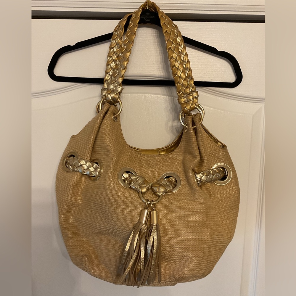Michael Kors Braided Grommet Shoulder Tote Beige/Gold Handbag Large